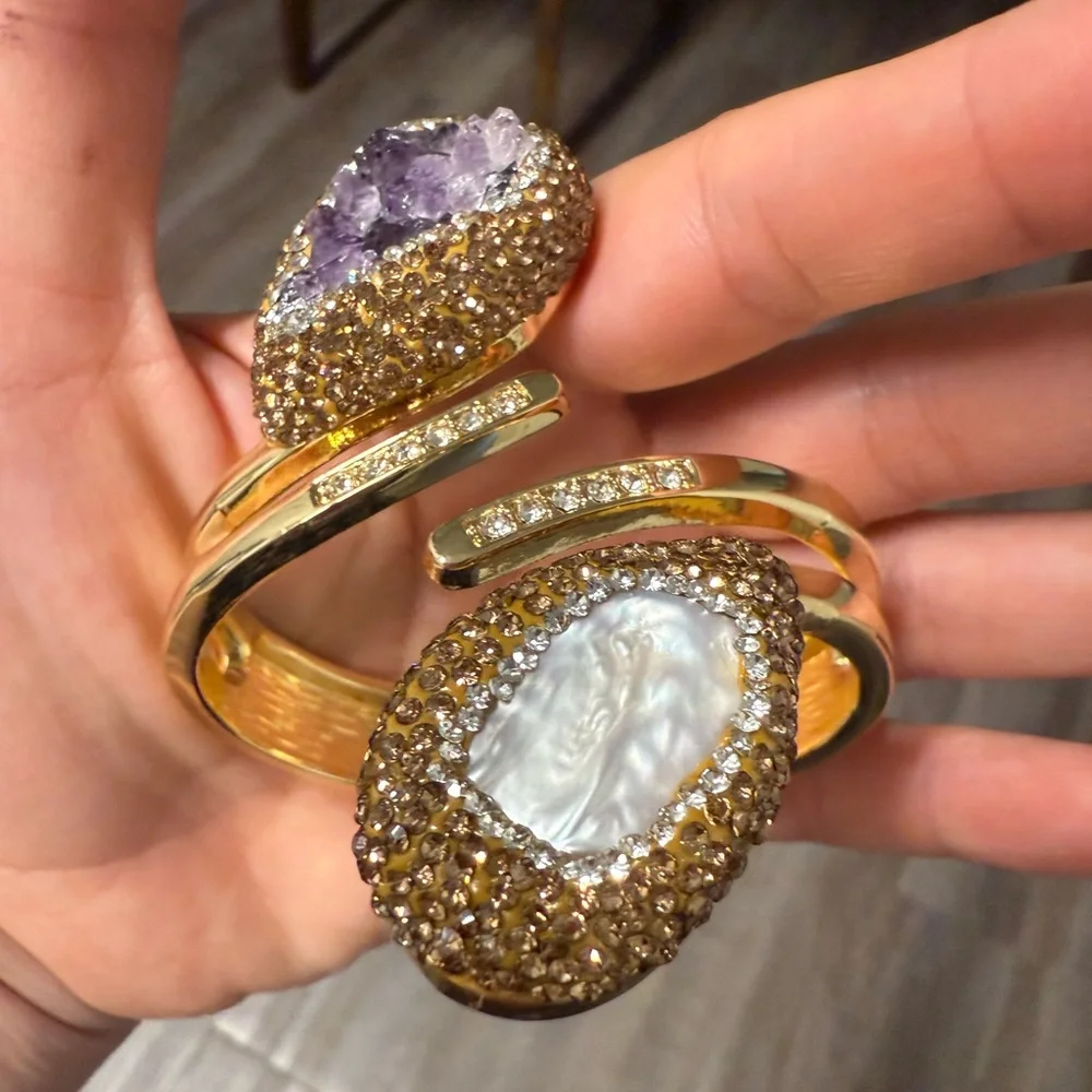 Natural Stone Amethyst & Baroque Pearl Gold Cuff Bracelet - Picture 10 of 17